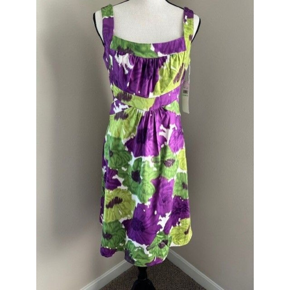 London Times Green and Purple Floral Sleeveless Shift Mini Dress Sz 8 NWT